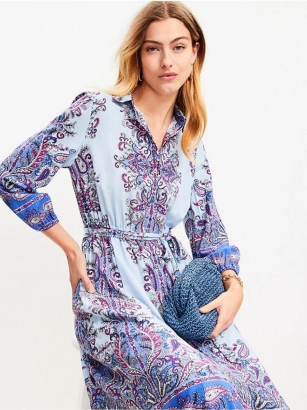 LOFT Light Blue Paisley Tie-Waist Maxi Dress